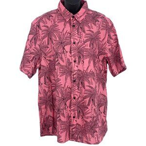 H&M L.O.G.G. Mens Pink Palm Large L Button-Up Shirt Linen Collar Tropical EUC